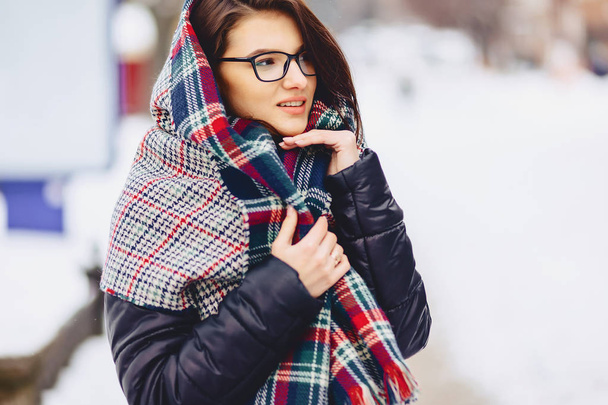 cute girl in glasses and a scarf - Zdjęcie, obraz