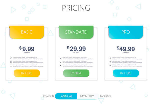 Three banners. Pricelist, hosting plans and web design boxes of banners.  - Vektor, Bild