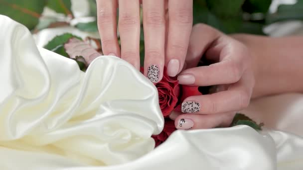 Manicured hands with roses on white silk. - Footage, Video