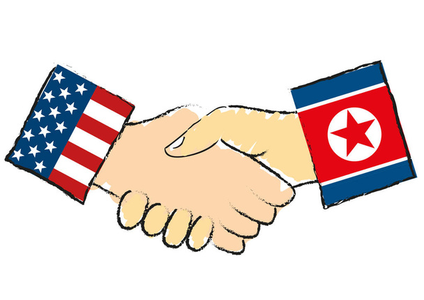 Αμερικής και της Βόρειας Κορέας χειραψίας απομονωμένη συμβολίζει ότι ηγέτης της Βόρειας Κορέας Kim Jong-un έχει προσκαλέσει Πρόεδρος των ΗΠΑ το Donald Trump Ηνωμένες Πολιτείες της Αμερικής να ανταποκριθεί για διαπραγματεύσεις απομονωμένες διανυσματικά εικονογράφηση - Διάνυσμα, εικόνα