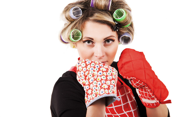 Housewife with kitchen gloves in boxing pose - Fotografie, Obrázek