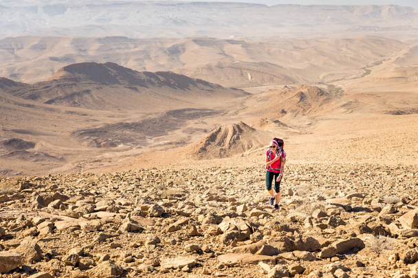 Jonge mooie vrouw backpacker oplopende steen woestijn trail, Israël - Foto, afbeelding