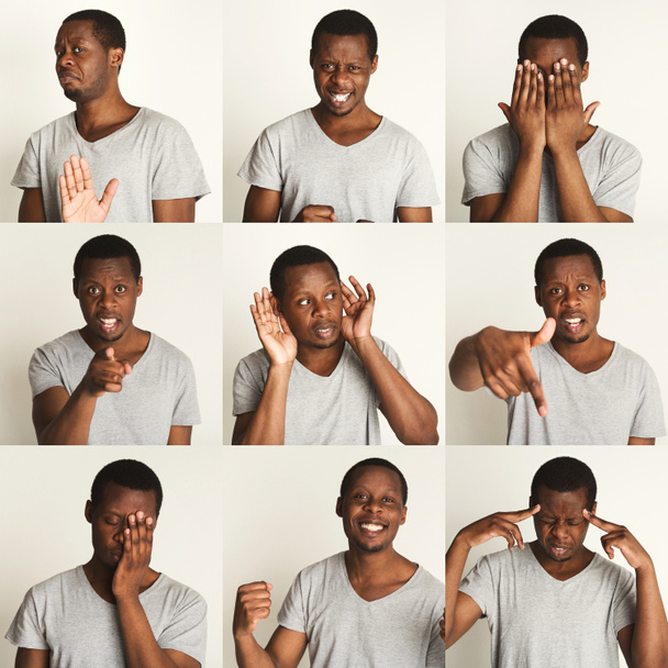 Conjunto de retratos de homens negros com emoções diferentes
 - Foto, Imagem