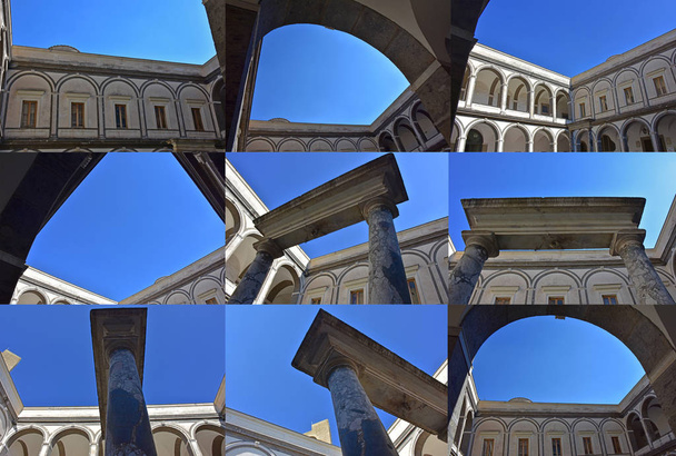 Itálie, Neapol, 13 října 2017. Certosa San Martino, rok 1325, monumentální náboženský komplex. Architektonický detail ambitu prokurátorů. Koláž - Fotografie, Obrázek