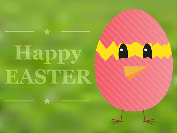Happy blahopřání k Velikonočním svátkům s kuřetem v rozbité vajíčko malované růžové - Vektor, obrázek
