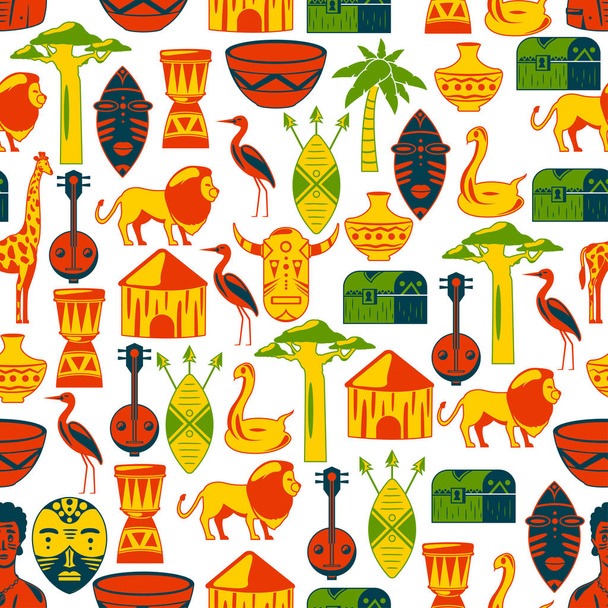 Modèle africain sans couture. Voyage en Afrique icônes ethniques. Illustration tribale. Masque africain, animaux, maison, arbre, palmier, baobab
 - Vecteur, image