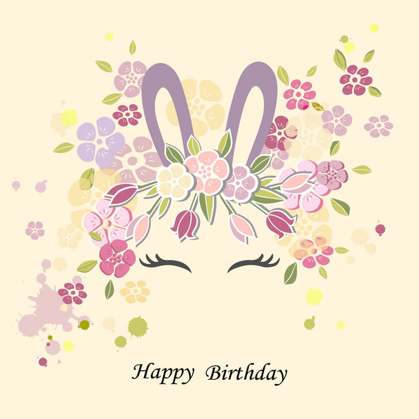 Vector illustration with Bunny ears, smiling eyes, flower wreath. Cute Rabbit as Baby shower & Easter logo, pet shop, badge. Template for Baby Birthday, Easter Day, party invitation, greeting card. - Vektör, Görsel