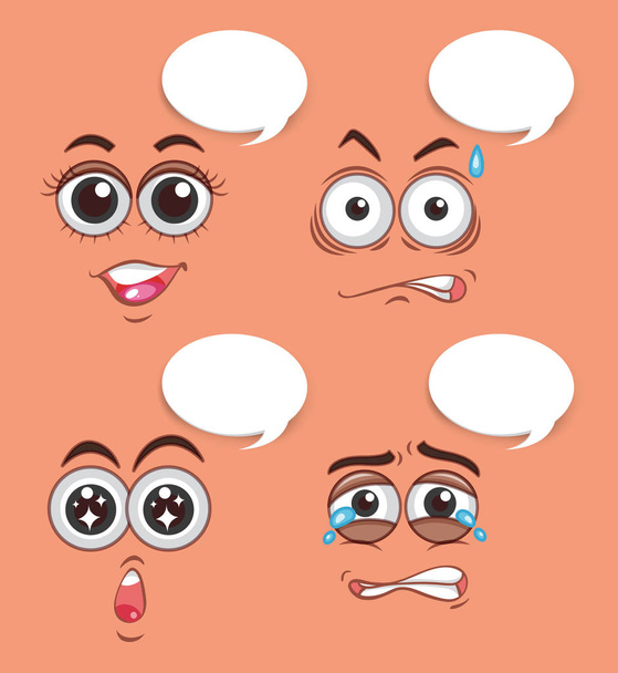 vier menschliche Gesichter mit unterschiedlichen Emotionen - Vektor, Bild