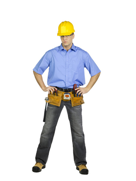 Trabalhador da construção civil com chapéu duro e ferramentas
 - Foto, Imagem