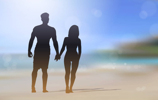 Silhouette Couple Walking On Beautiful Beach Holding Hands Seaside Blurred Background - ベクター画像