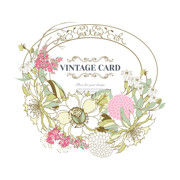 Vintage card with a bouquet of beautiful exotic flowers isolated on a white background.Frame with spring flower garlands.Vector illustration. - Vector, imagen