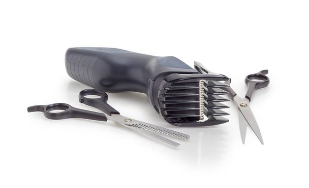 Electric hair clipper and two different hairdressers scissors - Photo, Image