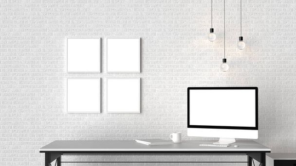 Moderne werkruimte met geïsoleerde lege frames op bakstenen muur en is - Foto, afbeelding