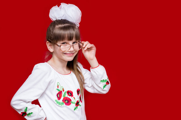 Portrait of cheerful little girl in very big glasses and white bow. Concept of eyesight or teaching. Education and knowledge concept - Photo, Image