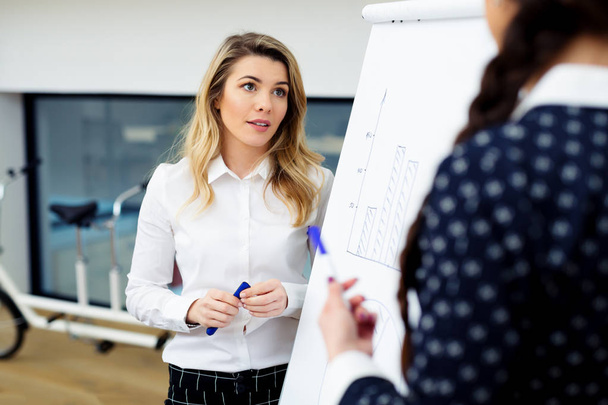 Two young women standing in front of whiteboard in modern office - Foto, Bild