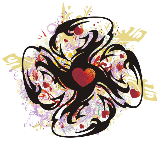 Zdobené fantastický květina z orlí hlavy. Čtyři hlavy orla ve stylizované podobě dekorativní květina s červenými srdce, barevné květinové cákance a dalšími prvky - Vektor, obrázek