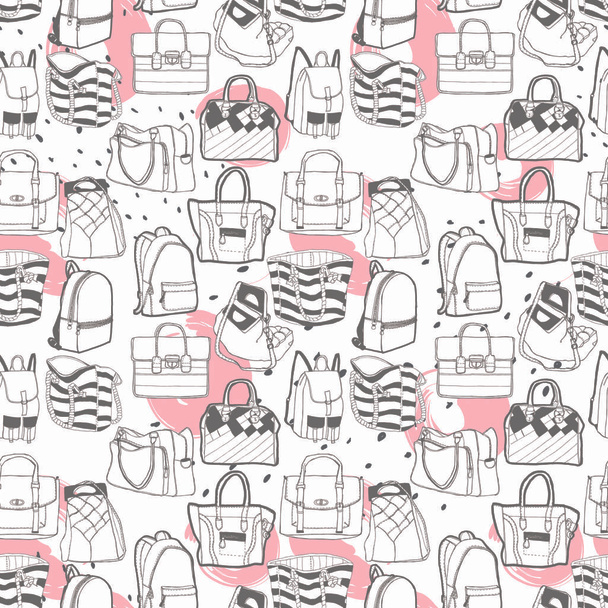 Vector seamless fashion pattern with various bags. Hand draw sketch. - Вектор, зображення