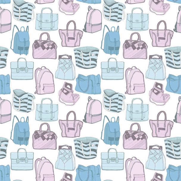 Vector seamless fashion pattern with various bags. Hand draw sketch. - Vetor, Imagem