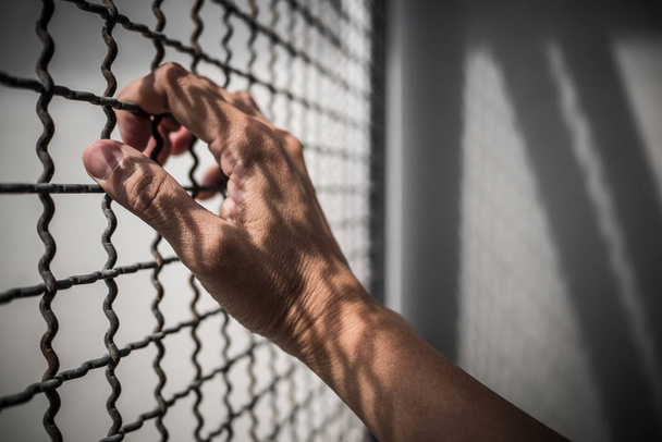 hand van gevangene houdt van rustieke metalen hek met patroon schaduw, criminele opgesloten in de gevangenis wachten voor vrijheid - Foto, afbeelding