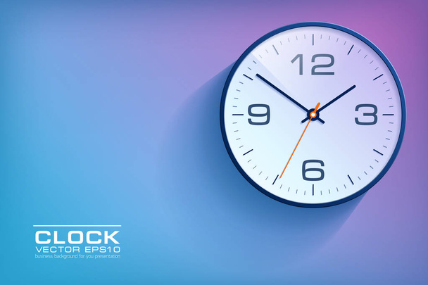 Realistic simple Clock in flat style with numbers, watch on purple and blue background. Business illustration for you presentation. Vector design object - Vector, Image