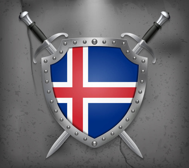 Vlajka Islandu. Štít s národní vlajkou. Dvě zkřížené Swor - Vektor, obrázek