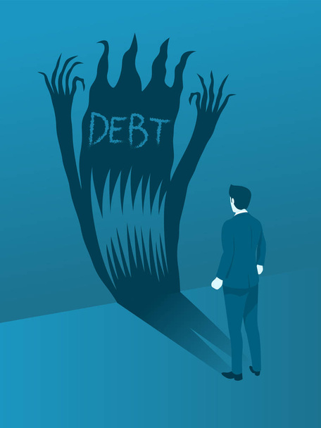 Zakenman geconfronteerd met de schuld kwaad, Concept van dappere voor het verwerken van de schuldencrisis. Platte Vector. - Vector, afbeelding