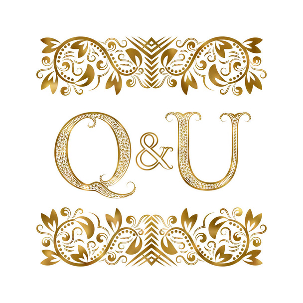 Q、U ヴィンテージ頭文字シンボル マーク。文字装飾の要素で囲まれています。結婚式やロイヤル スタイルのビジネス パートナー ・ モノグラム. - ベクター画像