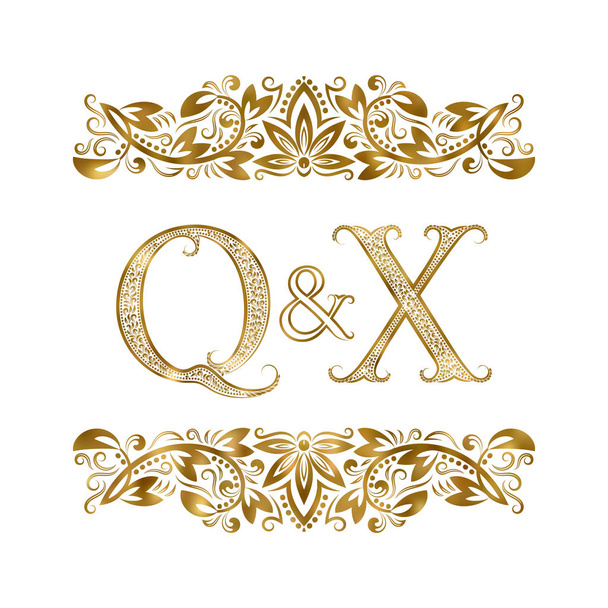 Q a X vintage iniciály logo symbol. Písmena jsou obklopeny okrasné prvky. Svatba nebo obchodních partnerů monogram v královském stylu. - Vektor, obrázek