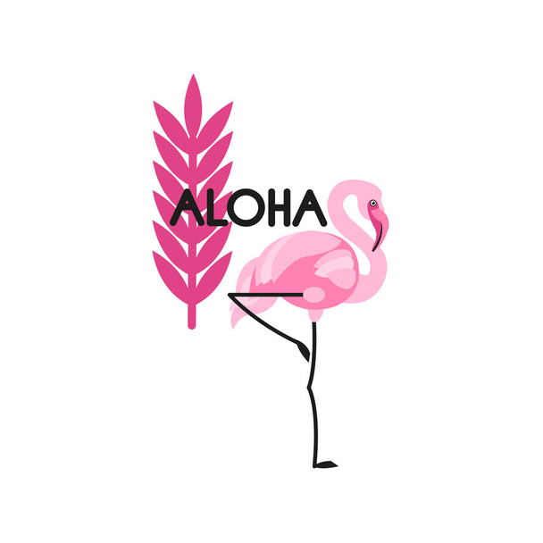 Flamingo label and tropical leaf. The inscription "Aloha". Vector illustration. - ベクター画像