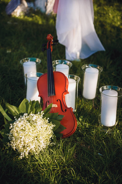 violon, bougies et fleurs sur fond de nature
 - Photo, image