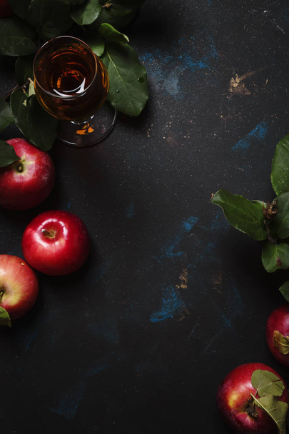 French apple brandy, dark background, top view - Fotoğraf, Görsel