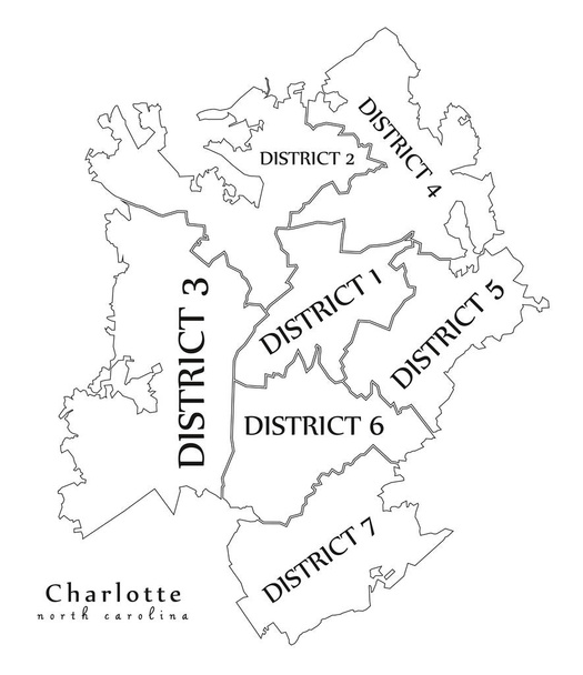 Modern város Térkép - észak-karolinai Charlotte város az USA-ban, a kerületek és a körvonal megjelenítése - Vektor, kép