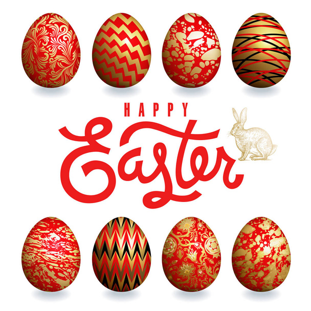 Cartão de Páscoa com ovos de Páscoa, coelho de Páscoa e inscrição "Happ
 - Vetor, Imagem