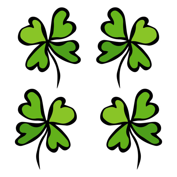 Neljä Leaf Green Cloveria. Onni, Onnistunut symboli. Onnea matkaan. Irish Luch. Saint Patricks päivä Irlanti vektori kuvitus käsin piirretty. Savoyar-tyylinen doodle
. - Vektori, kuva