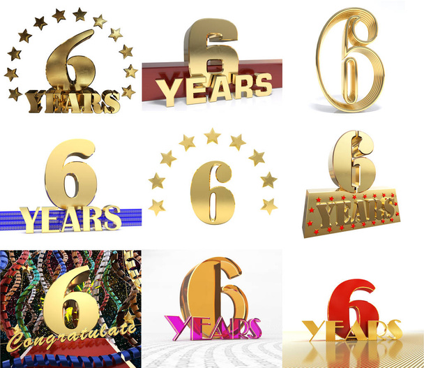 Altı yıl 6 yıl kutlama çizmek ayarlayın. Yıldönümü altın sayı şablon öğeleri doğum günü partin için. 3D çizim  - Fotoğraf, Görsel