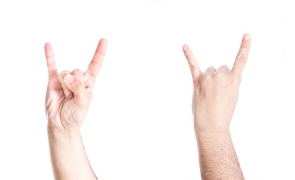 Set of hands gesturing heavy metal symbol, on white background. - Photo, Image