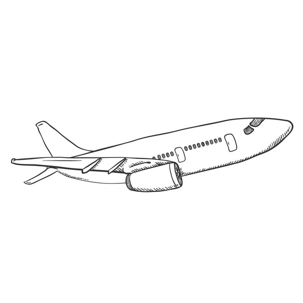 Vector Black Sketch Airplane. Hand Drawn Civil Plane. Side View. - Vector, Image