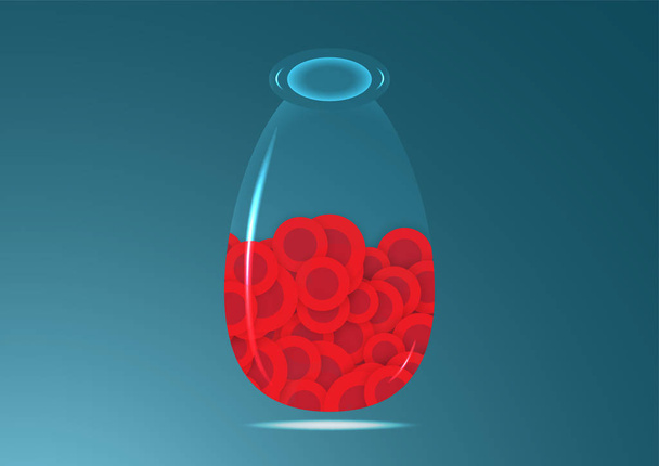 Červených krvinek v transparentní skleněná láhev na tmavě modré poz - Vektor, obrázek