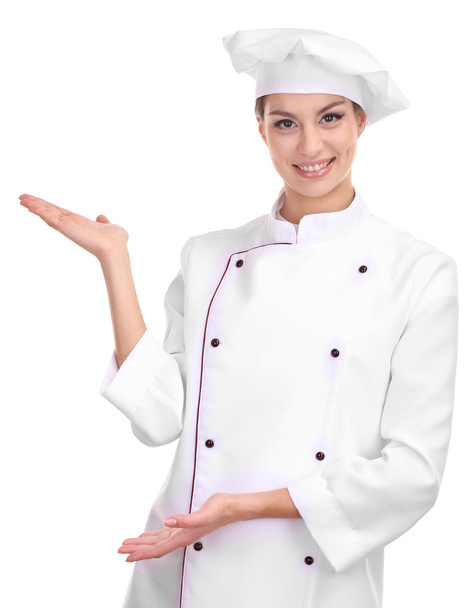 Portrait of young woman chef isolated on white - Фото, зображення
