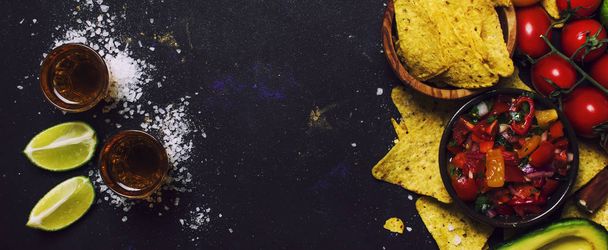 Tex-Mex Concept, Nachos, Guacamole, Salsa Sauce and Tequila, Food Background, Top View - 写真・画像