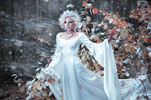 fairytale snow queen in white dress and crown bringing winter in autumn forest  - Foto, Bild