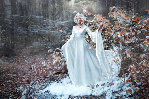 fairytale snow queen in white dress and crown bringing winter in autumn forest  - Photo, image