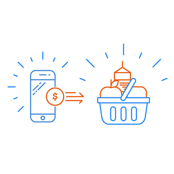 Смартфон і кошик для покупок, покупка продуктів і мобільний платіж
 - Вектор, зображення