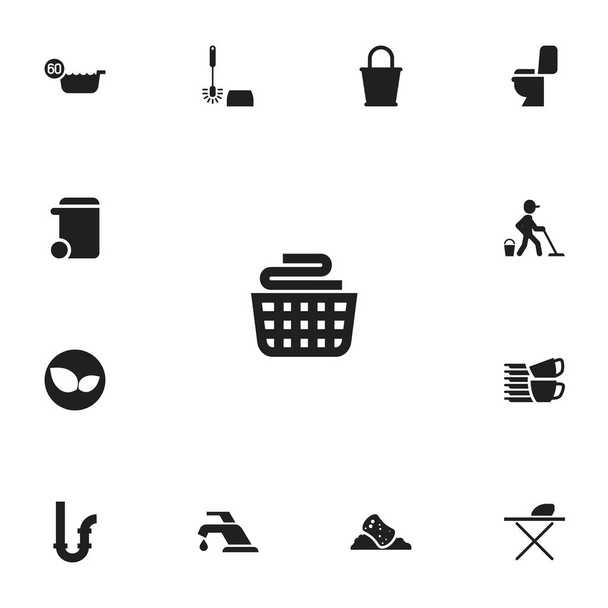 Satz von 13 editierbaren Säuberungssymbolen. beinhaltet Symbole wie Wäschekorb, gestapeltes Teeservice, Wischen und vieles mehr. kann für Web-, Mobil-, UI- und Infografik-Design verwendet werden. - Vektor, Bild
