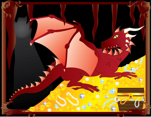 Червоний дракон в печері охороняє скарби
 - Вектор, зображення