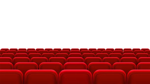 Rijen van rode zetels, achteraanzicht. Lege stoelen in de cinema hall, cinema, theater, opera, evenementen, toont. Interieur element. Realistische 3d vectorillustratie - Vector, afbeelding
