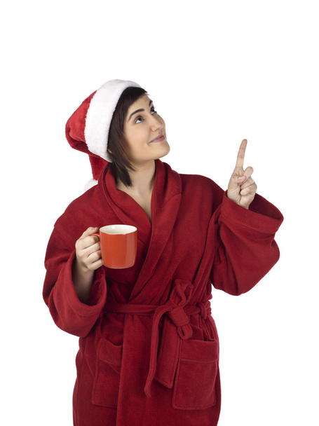 nő, piros köntöst és santa kalap - Fotó, kép