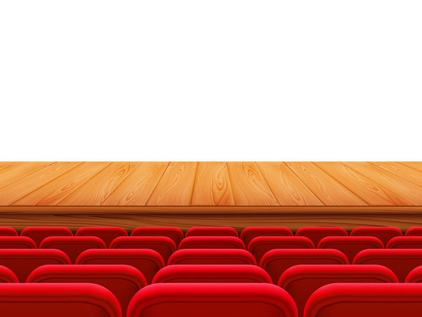 Ρεαλιστικό Θέατρο ξύλινη σκηνή ή το πάτωμα με σειρές από κόκκινα καθίσματα, πίσω θέα. Κενές θέσεις για την αίθουσα κινηματογράφου, Κινηματογράφος, Θέατρο, Όπερα, εκδηλώσεις, δείχνει. Εσωτερικό στοιχείο. Διάνυσμα ρεαλιστική 3d απεικόνιση - Διάνυσμα, εικόνα