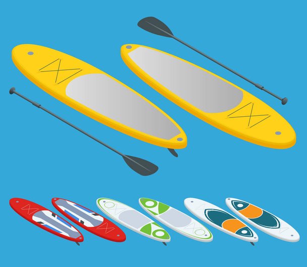 Isometric set of Stand up paddle surfing and stand up paddle boarding isolated on white Water sport concept. Active summer vacations with paddle board - Vector, Imagen