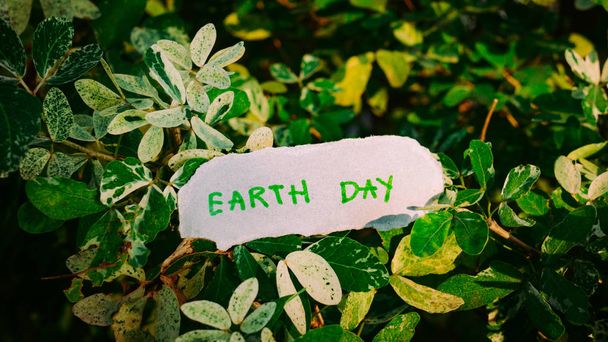 地球の日のコンセプト、自然と紙に書かれた地球日ワード - 写真・画像